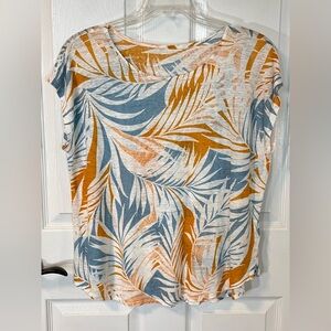 Cynthia Rowley 100% Linen Knit Top XL Tropical Palm Teal Mustard Boxy Resortwear